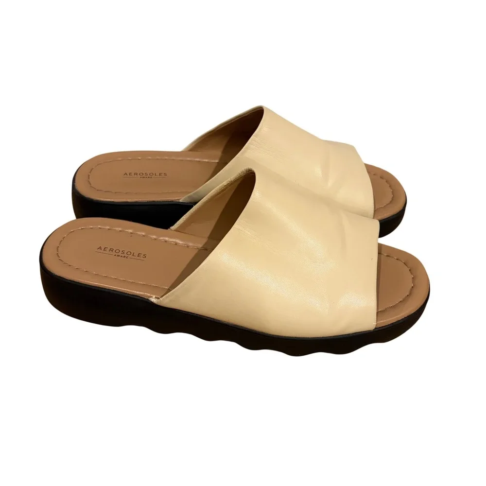 Aerosoles Womens Wanza‎ Wedge Sandal Cream Leather Slip On Comfort Shoes 10